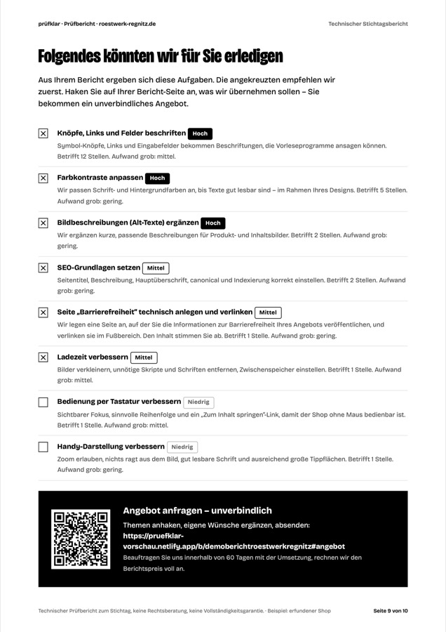 Berichtseite „Folgendes könnten wir für Sie erledigen“ mit Themen zum Anhaken.