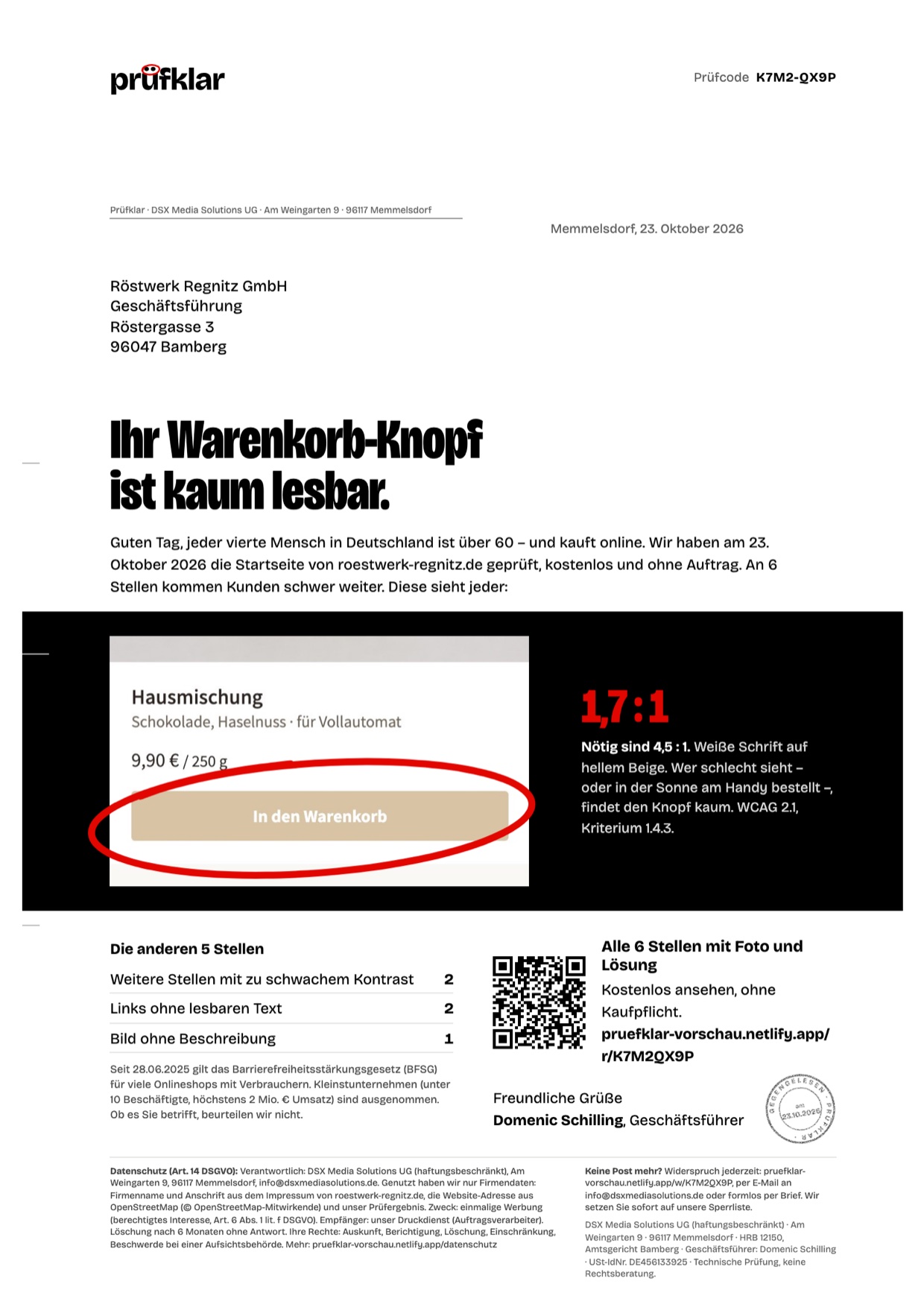 Beispiel-Brief: Ihr Warenkorb-Knopf ist kaum lesbar – mit rot eingekringeltem Bildschirmfoto und QR-Code.