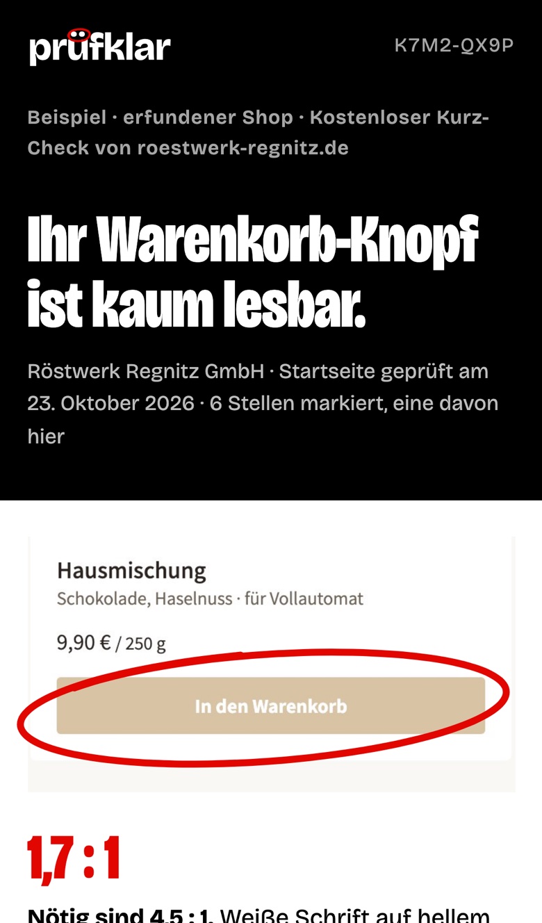 Ergebnis-Seite am Handy mit dem gefundenen Fehler.